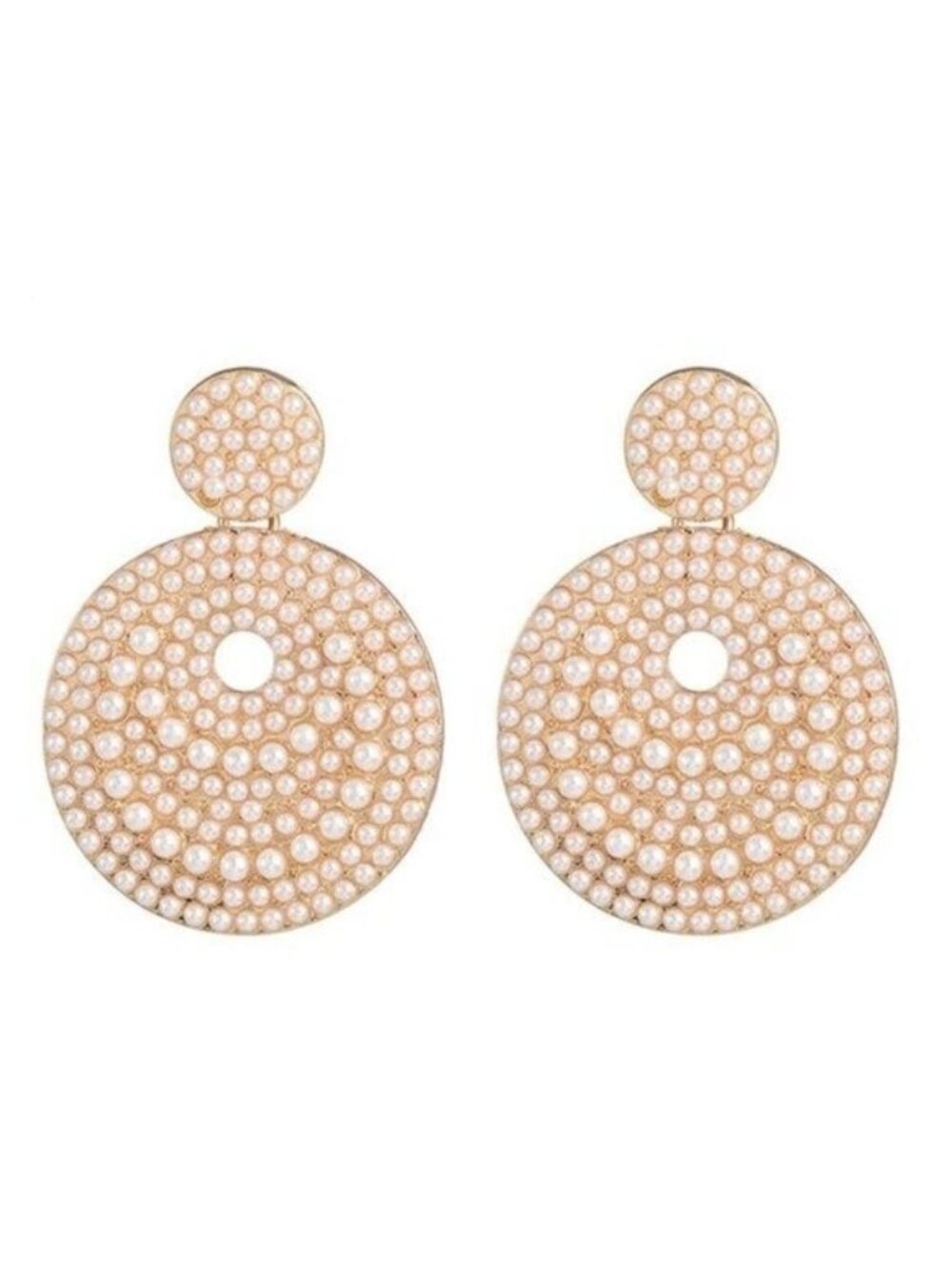 Gold Pearl Round Disc Drop Elegant Earrings